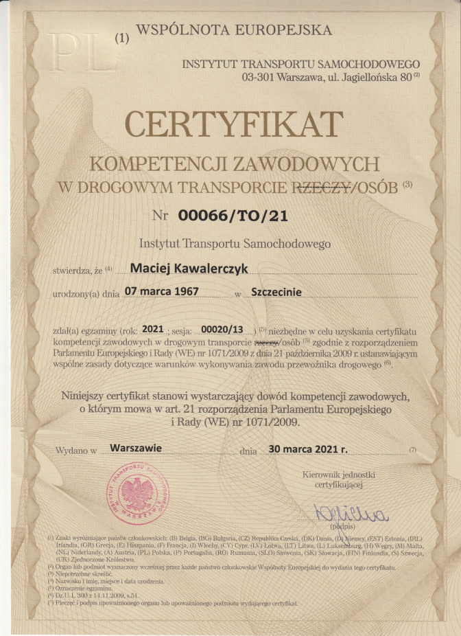 Certyfikat kompetencji zawodowych w drogowym transporcie osób